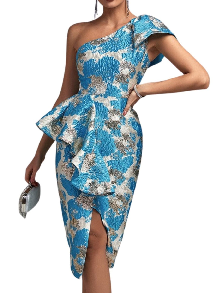 Blue Elegant Sexy Midi One Shoulder Ruffles Jacquard Bodycon Dress