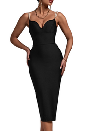 Black Bandage Below Knee Bodycon Dress with Spaghetti Straps V Neck