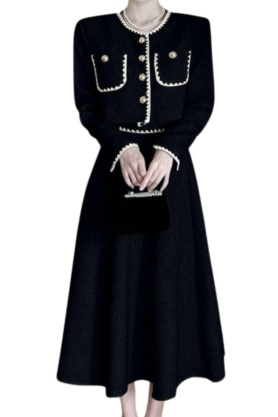 European Long Sleeves Two Piece Elegant Vintage Tweed Dress White / L European Long Sleeves Two Piece Elegant Vintage Tweed Dress White / L