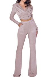 Pink 2 Piece Set Sexy Glitter Draped Long Sleeve Top and Pants