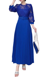 High quality vintage belted round neck half sleeve hollow out lace dress