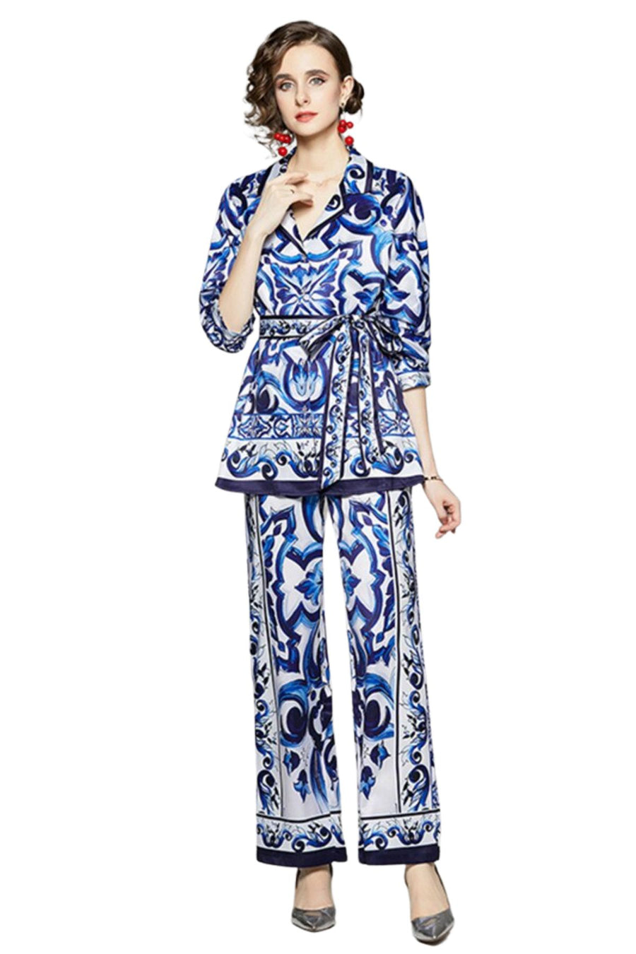 High Quality Blue Porcelain Print Long Sleeve Blouse + Pant 2 Piece Set