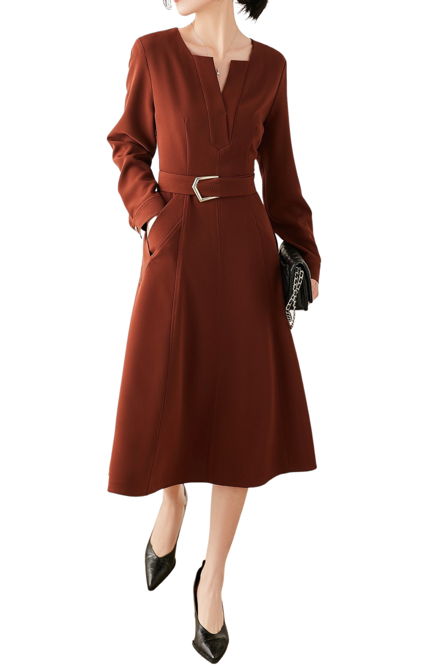 High Quality Belted Elegant Long Sleeves V Neck Vintage Dresses