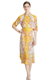 High Quality Belted Long Sleeve Flower Print Midi Dress