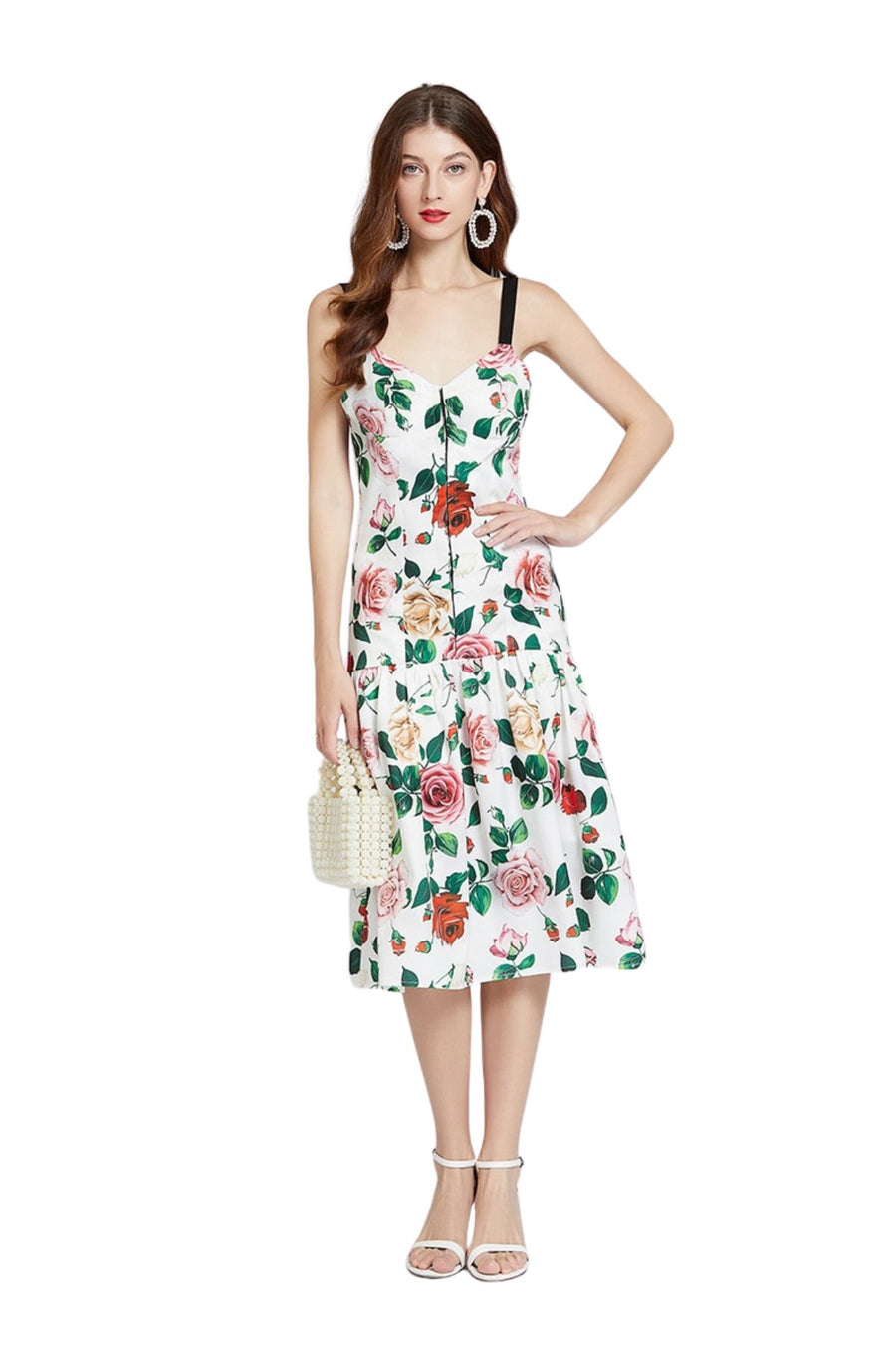 Sleeveless Floral Print Backless V Neck Knee Length Dress