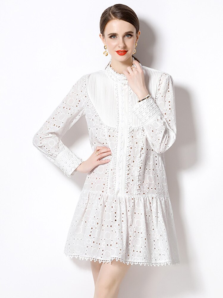 High Quality High Neck Long Sleeve Short White Dress