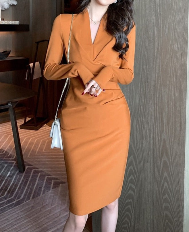 High Quality V Neck Long Sleeves Bodycon Knee Length Pencil Dress