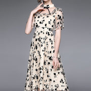 Women Summer Elegant Flocking Dress Festa High Quality Lace Cocktail Party Robe Femme Vintage Designer Mesh Vestidos