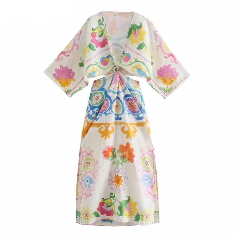 Sexy V-Neckline Floral Print Elegant Floral Print High Waist Knotted Hollow Out Side Slit Linen Kimono Midi Dress