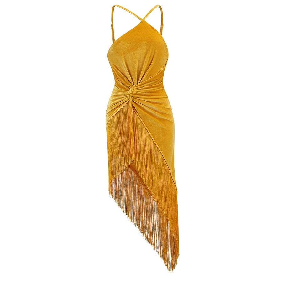 Sexy Tassels Hem Dress For Women Halter Collar Sleeveless Irregular High Waist Sling Dresses Female Clothing Summer