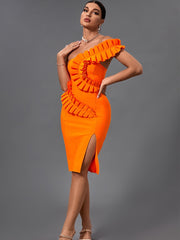 High Quality Sexy One Shoulder Elegant Orange Ruffles Bandage Dress