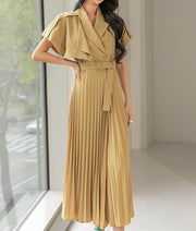 High Quality Slim Waist Belted Short Sleeve Pleated Notched Neck Elegant Dress