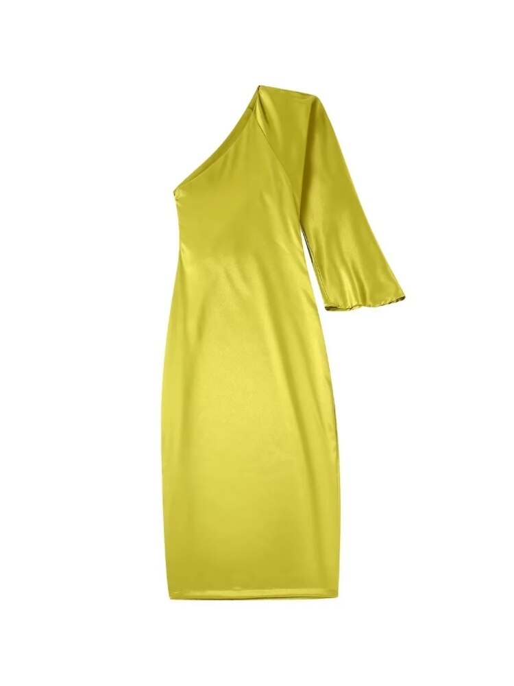 Nine Quarter Sleeve Side Slit Yellow Satin One Shoulder Midi Dress