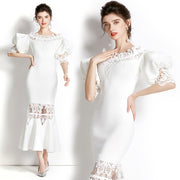 Vintage Designer High Quality Puff Sleeve Multi Color Flower Embroidery Elegant Dress