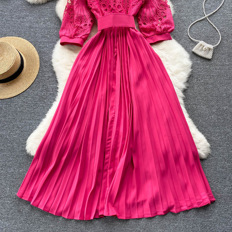 High quality vintage belted round neck half sleeve hollow out lace dress