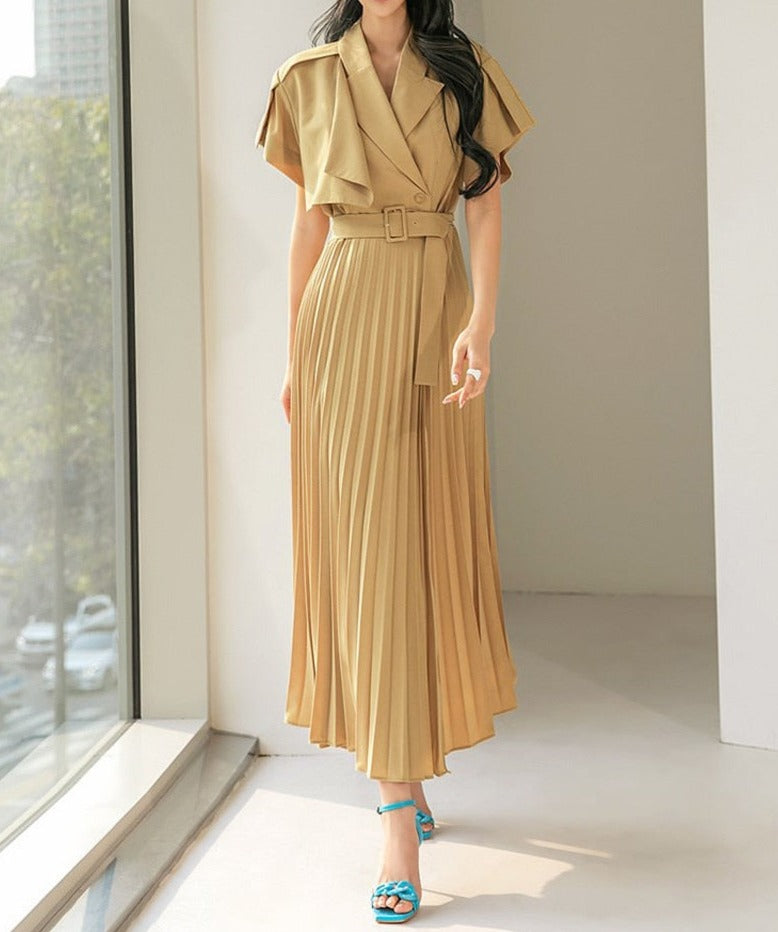 High Quality Slim Waist Belted Short Sleeve Pleated Notched Neck Elegant Dress