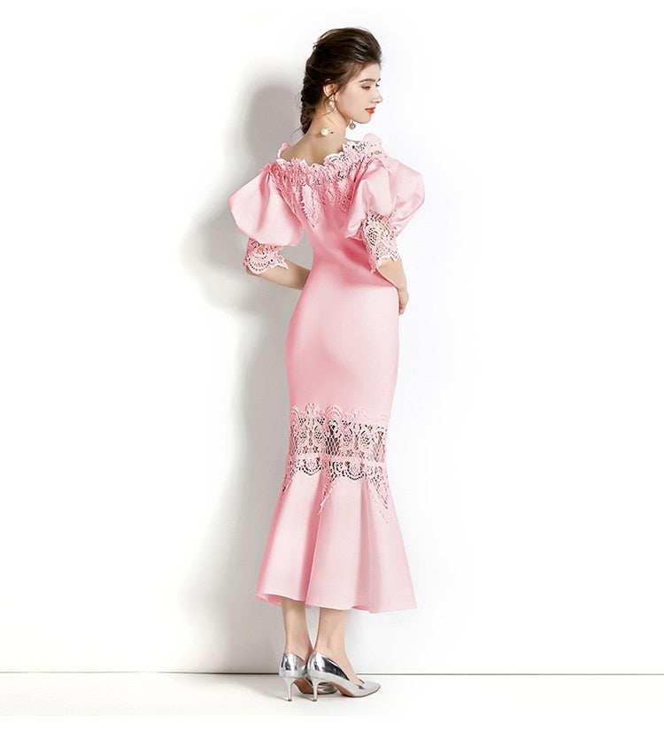 Vintage Designer High Quality Puff Sleeve Multi Color Flower Embroidery Elegant Dress