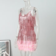 Off Shoulder Dresses V-Neck Feather Stitching Sequined Fringed