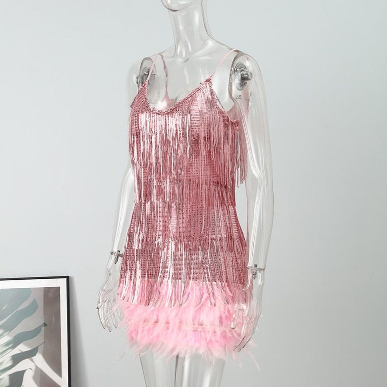 Off Shoulder Dresses V-Neck Feather Stitching Sequined Fringed