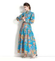 High Quality Loose Belt Floral Print Multicolor Long Sleeve Lantern Dress