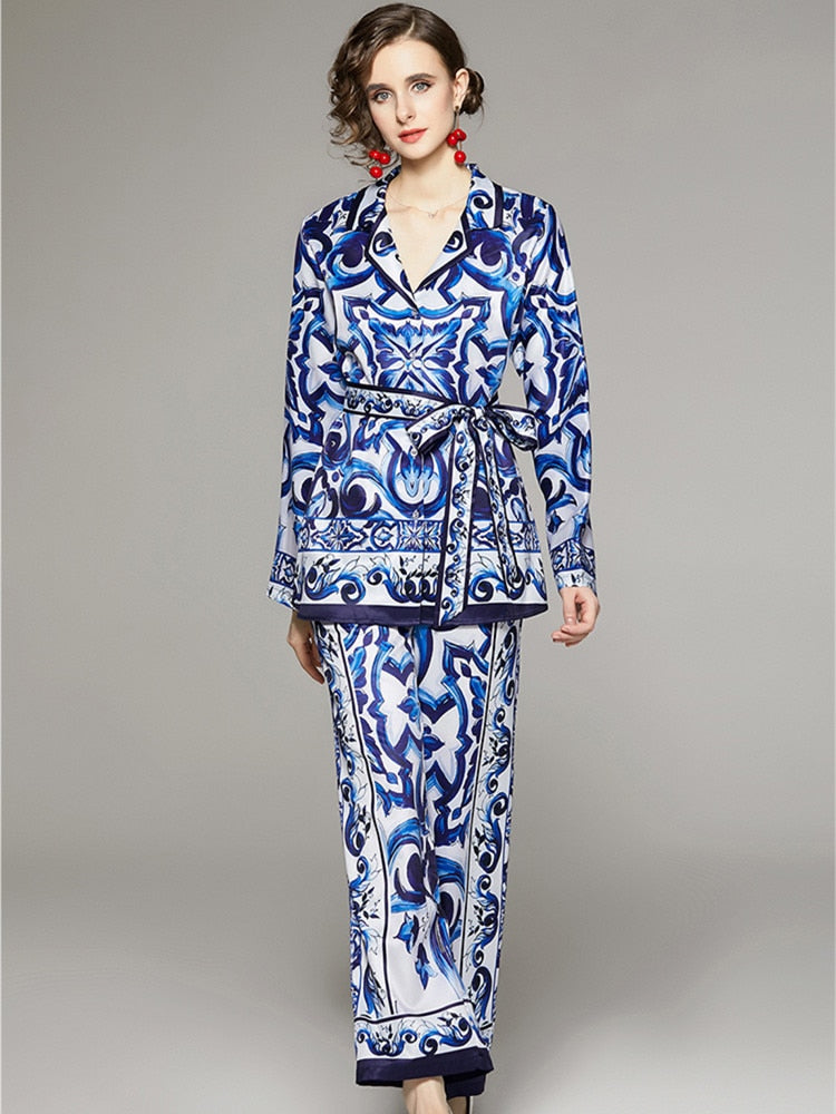 High Quality Blue Porcelain Print Long Sleeve Blouse + Pant 2 Piece Set