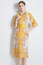 Dress High Neck Puffed Sleeve Floral Print with Belt