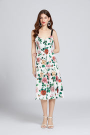 Sleeveless Floral Print Backless V Neck Knee Length Dress