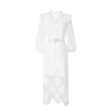 Elegant white midi dress with embroidery long sleeves of high quality