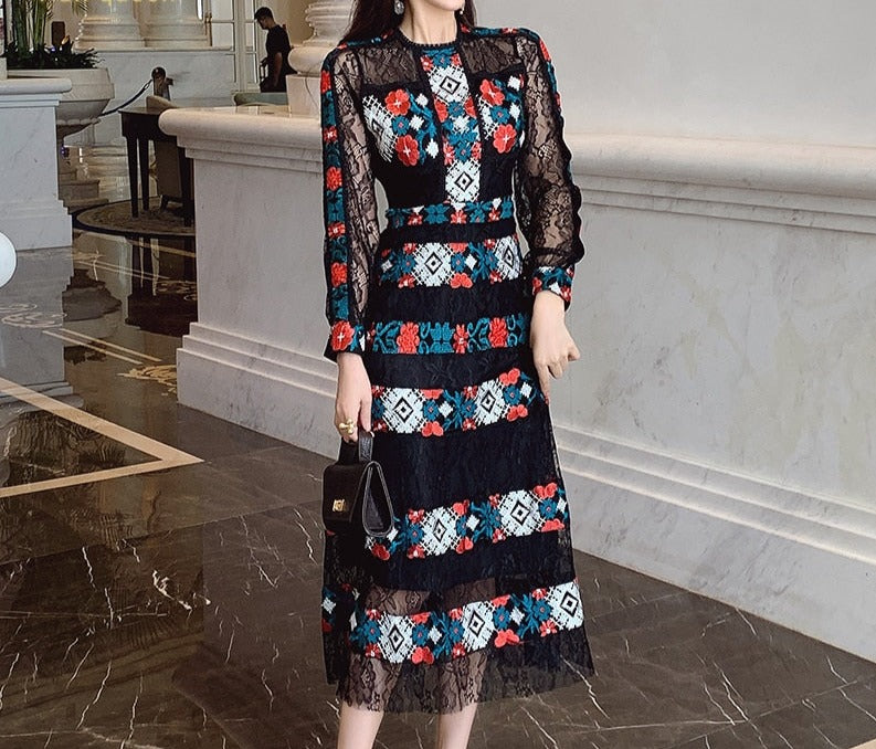 High Quality Long Sleeve Embroidery Elegant Lace Dresses Black / L High Quality Long Sleeve Embroidery Elegant Lace Dresses Black / L