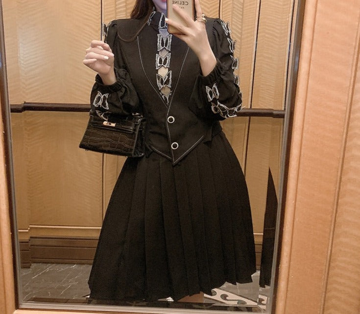 High Quality Pleated Long Sleeve Black Elegant Dress