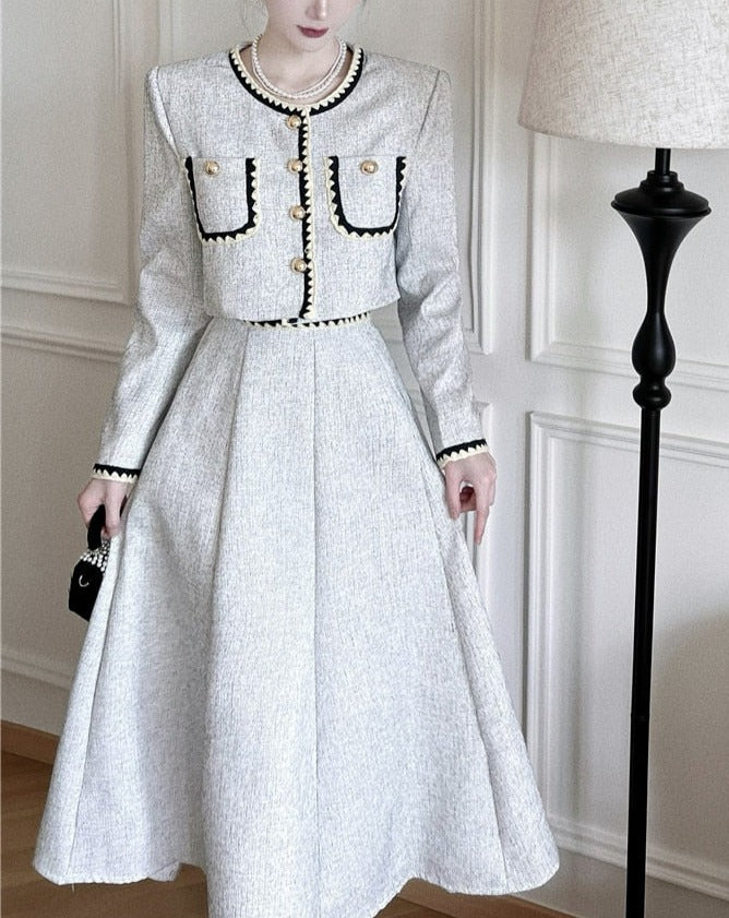 European Long Sleeves Two Piece Elegant Vintage Tweed Dress