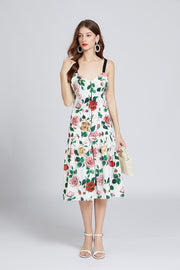 Sleeveless Floral Print Backless V Neck Knee Length Dress