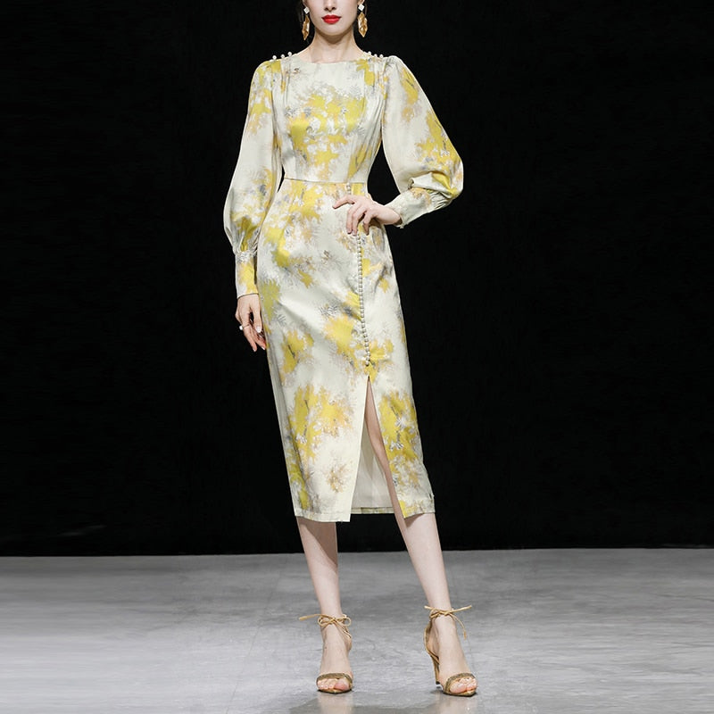 High Quality Print Elegant Long Sleeves Sheath Dress