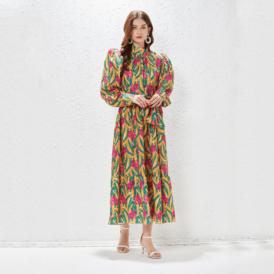 Printed Maxi Dress High Neck Long Lantern Sleeve High Quality Belt