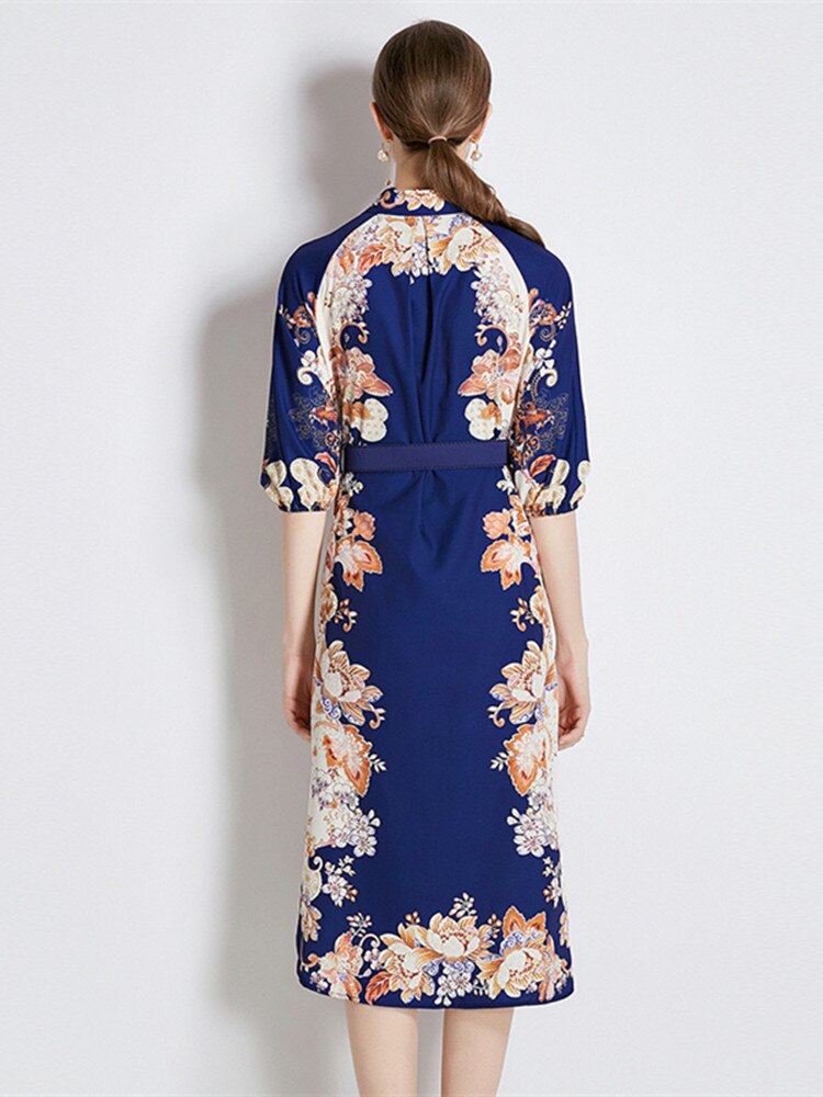 High Quality Belted Long Sleeve Flower Print Midi Dress