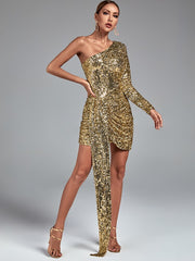 Sexy Elegant One Shoulder Draped Gold Sequin Bodycon Dress