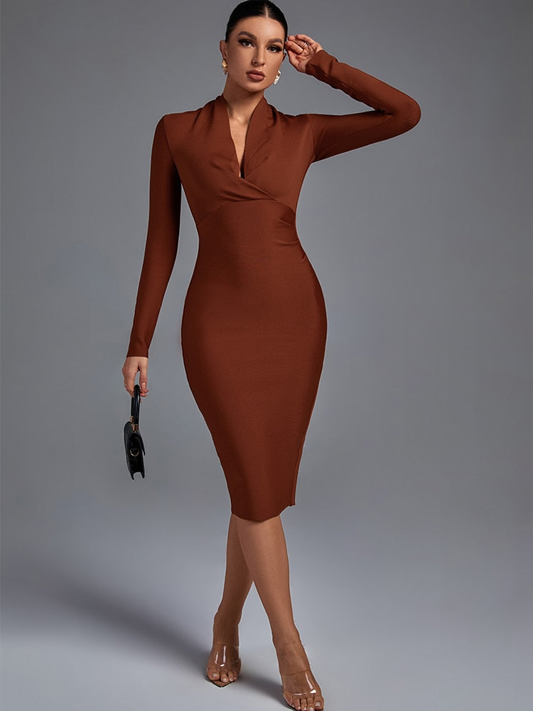 Brown Bandage Dress Long Sleeve Bodycon Elegant Sexy Midi Dress