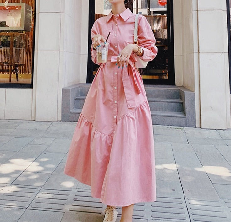 Pink dress with collar long sleeves with pocket on the sides and high quality bow