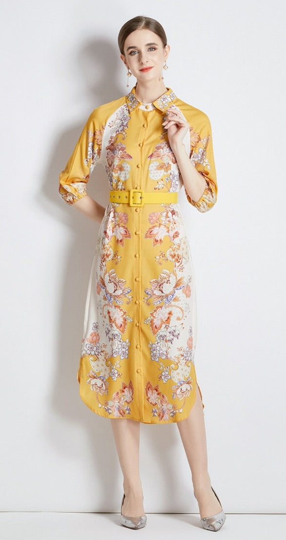 High Quality Belted Long Sleeve Flower Print Midi Dress