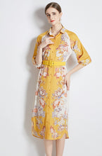 High Quality Belted Long Sleeve Flower Print Midi Dress