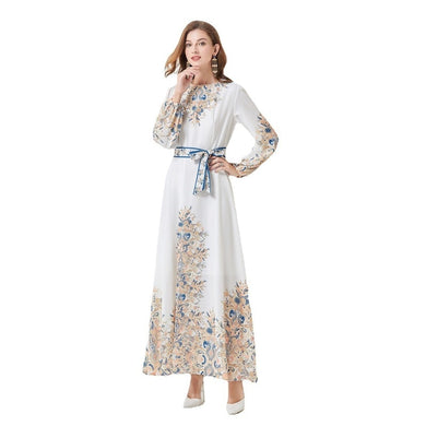 High Quality Floral Print Long Sleeve Elegant High Waist Maxi Dress