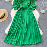 High quality vintage belted round neck half sleeve hollow out lace dress