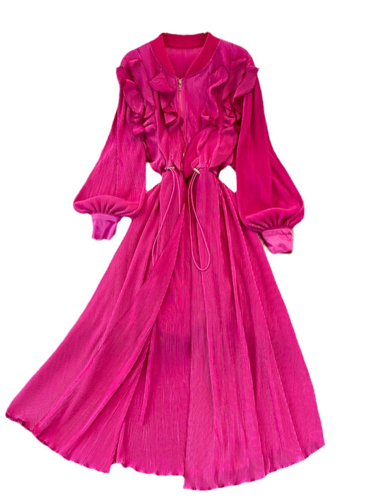 High Quality Long Sleeve Stand Collar Ruffle Drawstring Pleated Dress