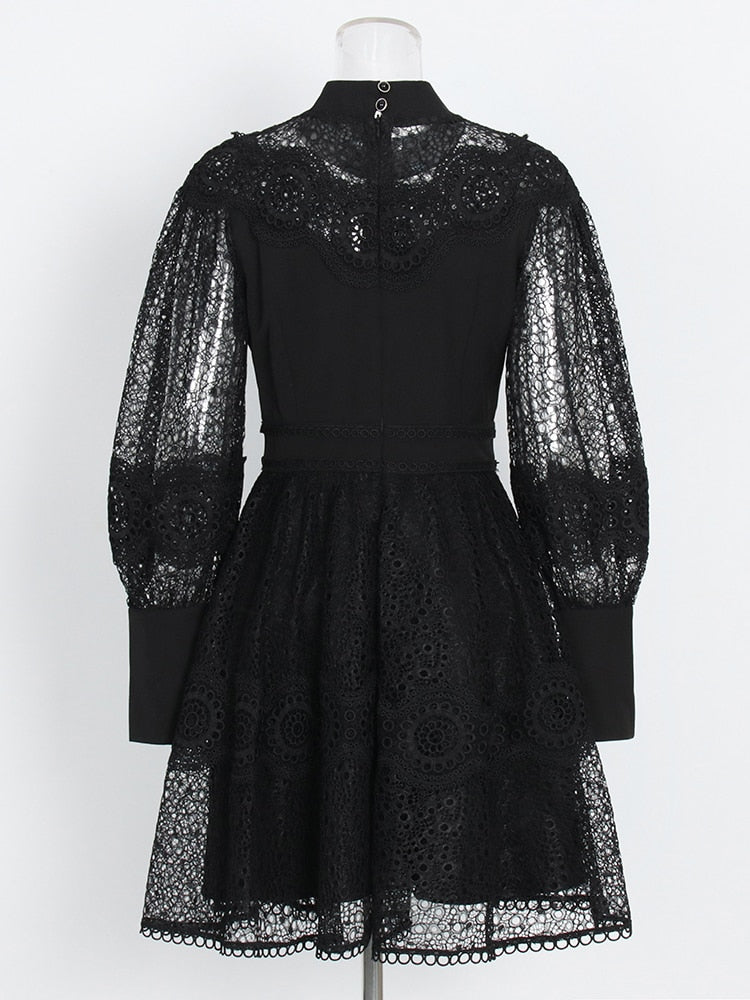 High Quality High Quality Stand Collar Long Sleeve High Waist Cut Out Vintage Dress White / S High Quality High Quality Stand Collar Long Sleeve High Waist Cut Out Vintage Dress White / S