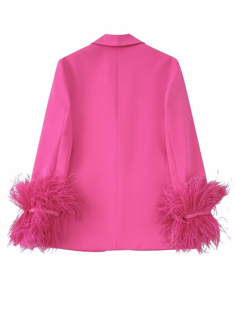 Pink Feather Blazer Woman Straight Button Jacket Women Fashion Streetwear Blazer Women Long Sleeve Blazers for Women Coats