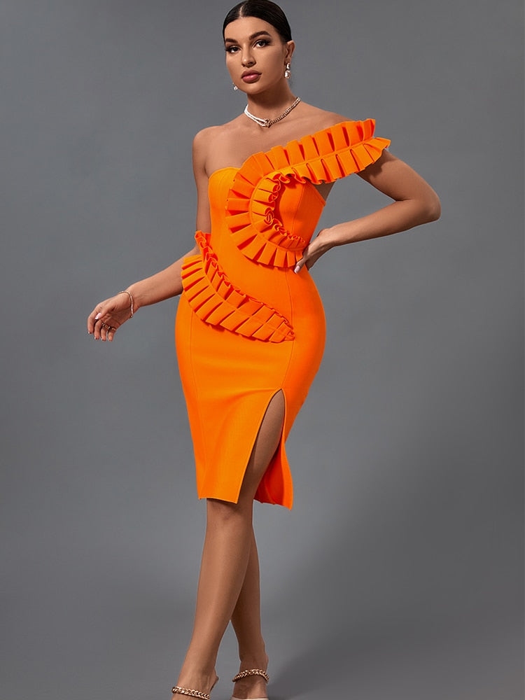 High Quality Sexy One Shoulder Elegant Orange Ruffles Bandage Dress