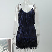 Off Shoulder Dresses V-Neck Feather Stitching Sequined Fringed