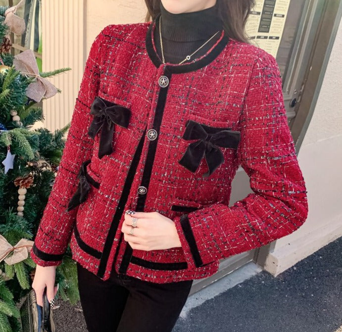 Classic Style Chunky Contrast Color Bow Knitted Tweed Jacket