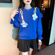 H Han Queen Autumn Women Hollow Stitching Flared Sleeve Sweatshirt Flowers Vintage Work Casual Tops Korean Design Loose T-Shirts