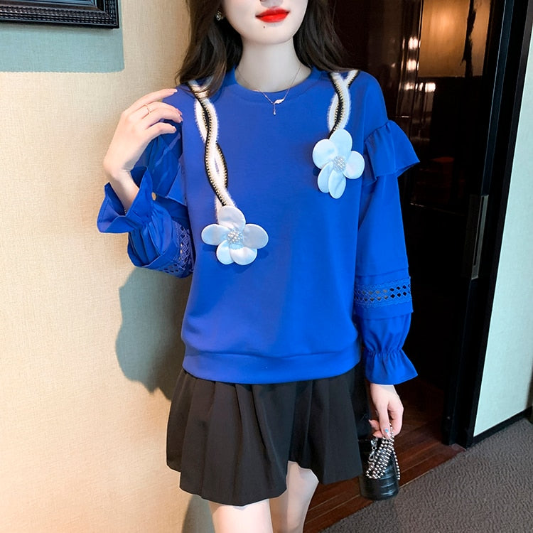 H Han Queen Autumn Women Hollow Stitching Flared Sleeve Sweatshirt Flowers Vintage Work Casual Tops Korean Design Loose T-Shirts